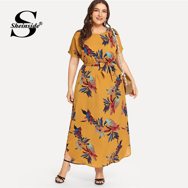 Sheinside Plus Size Casual Floral Print Belted Dress Women 2019 Summer Short Sleeve Straight Maxi Dresses Ladies Chiffon Dress