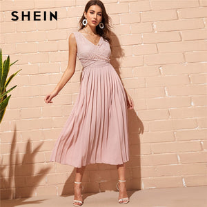 SHEIN Elegant Pink Criss-cross Wrap Lace Bodice Pleated Summer Long Party Dress Women Double V Neck Sleeveless A Line Dresses