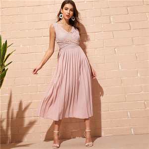 SHEIN Elegant Pink Criss-cross Wrap Lace Bodice Pleated Summer Long Party Dress Women Double V Neck Sleeveless A Line Dresses