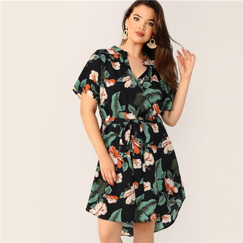 SHEIN Boho Multicolor Plus Size Tropical Print Belted Midi Dress