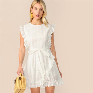 SHEIN Ruffle Trim Belted Wrap Schiffy Mini White Dress Women Boho Casual Cotton Sleeveless Round Neck Solid Summer Dress