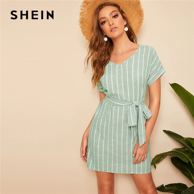 SHEIN V Neck Vertical Striped Belted Dress 2019 Elegant Green Pastel Short Sleeve Summer Women Tunic Straight Dresses