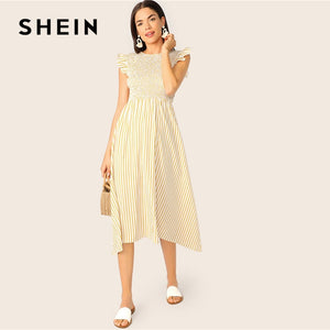 SHEIN Ruffle Armhole Striped Smocked Maxi Dress Women Boho Vacation Sleeveless High Waist Summer Dress Yellow A Line Long Dress