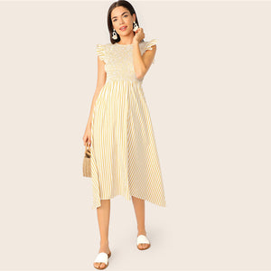 SHEIN Ruffle Armhole Striped Smocked Maxi Dress Women Boho Vacation Sleeveless High Waist Summer Dress Yellow A Line Long Dress