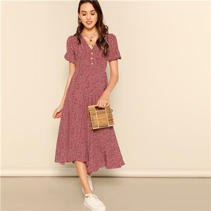 SHEIN Button Front Allover Print V-Neck Dress Women 2019 Posh Summer Burgundy A Line Short Sleeve Fit and Flare Dresses