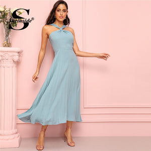 Sheinside Blue Twist Halter Neck Flowy Dress Women Elegant High Waist Long Dresses 2019 Summer Solid Romantic A Line Dress