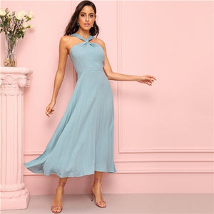 Sheinside Blue Twist Halter Neck Flowy Dress Women Elegant High Waist Long Dresses 2019 Summer Solid Romantic A Line Dress