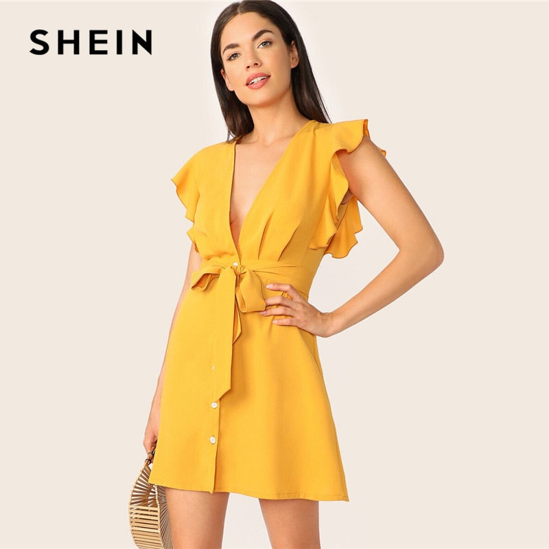 SHEIN Plunging Neck Ruffle Armhole Belted Shirt Dress Summer Sexy Deep V Neck Dress Women 2019 Yellow High Waist Dresses
