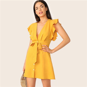 SHEIN Plunging Neck Ruffle Armhole Belted Shirt Dress Summer Sexy Deep V Neck Dress Women 2019 Yellow High Waist Dresses