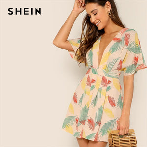 SHEIN Plunge Neck Tied Open Back Tropical Dress Deep V Neck Fit and Flare Women Dresses 2019 Short Sleeve Summer Dress