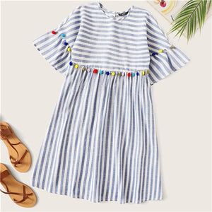 SHEIN Boho Cute Blue Colorful Pompom Detail Striped Smock Summer Dress