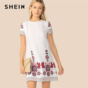 SHEIN Bohemian White Floral Print Textured Tunic Summer Dress
