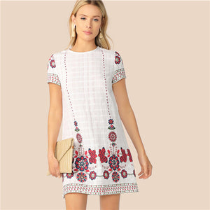 SHEIN Bohemian White Floral Print Textured Tunic Summer Dress