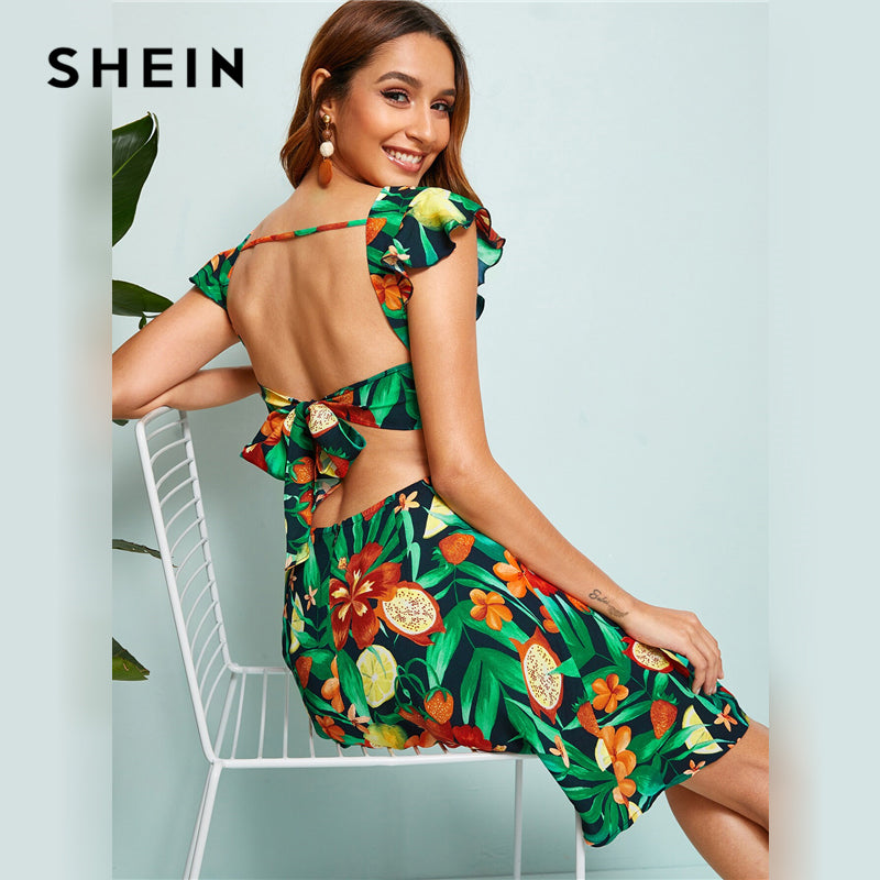 SHEIN Multicolor Tied Backless Tropical Print Summer Boho Sexy Dress Women Cap Sleeve Fit and Flare Deep V Neck Mini Dresses