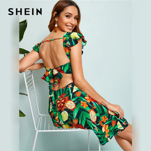 SHEIN Multicolor Tied Backless Tropical Print Summer Boho Sexy Dress Women Cap Sleeve Fit and Flare Deep V Neck Mini Dresses
